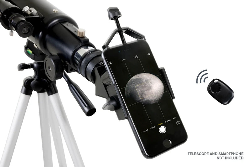 Celestron Basic Smartphone Adapter DX with Bluetooth for astrophotography, showing the adapter attached to a smartphone.