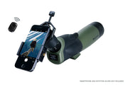 Celestron Basic Smartphone Adapter DX with Bluetooth attached to a telescope, enabling smartphone photography and device connection.