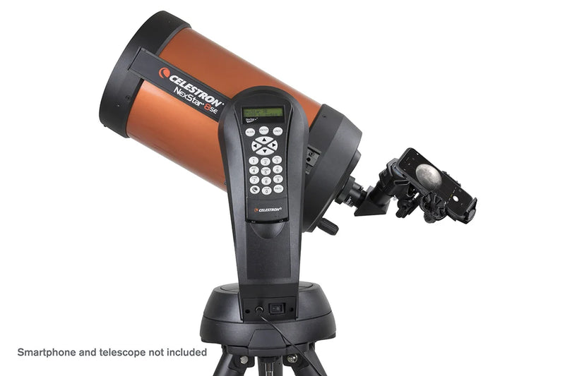 Celestron NeXYZ 3-Axis Smartphone Adapter attached to a telescope, enabling secure smartphone mounting for astrophotography and observation.