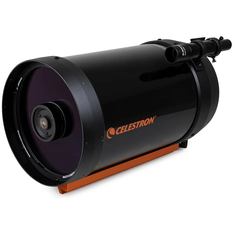 Celestron C8 SCT optical tube, Schmidt-Cassegrain reflector with CGE dovetail mount, 8-inch aperture, detailed close-up image