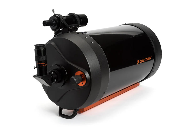 Celestron C11 SCT OTA Schmidt-Cassegrain reflector telescope with CGE dovetail mount on a dark background.
