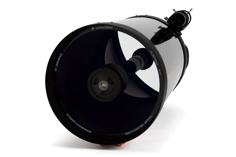 Celestron C14 SCT optical tube assembly with CGE dovetail mount, Schmidt-Cassegrain reflector telescope for astrophotography and observation.