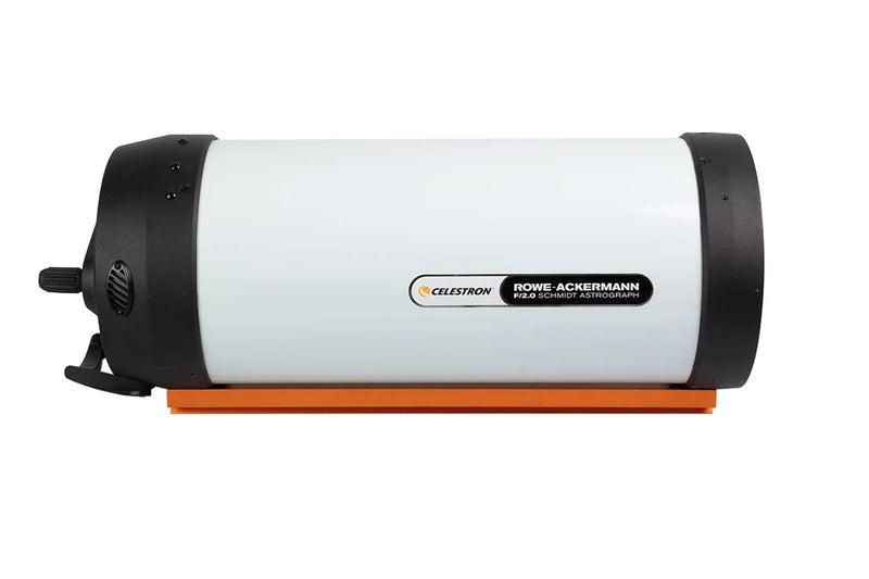 Celestron RASA 8-inch Rowe-Ackermann Schmidt astrograph optical tube assembly with black exterior and focal length details visible.