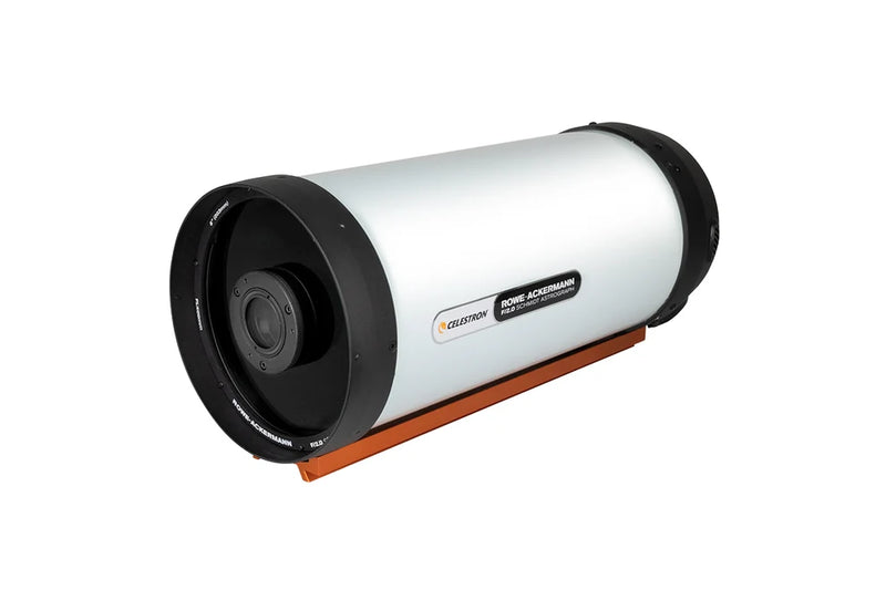 Celestron RASA 8-inch Rowe-Ackermann Schmidt Astrograph OTA showing the telescope's optical tube assembly with mounting rings and control components.
