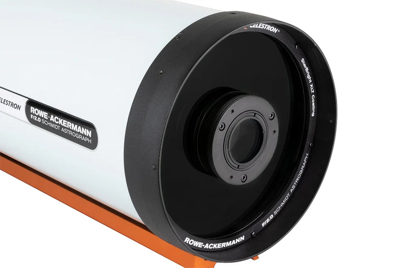 Celestron RASA 8-inch Rowe-Ackermann Schmidt Astrograph telescope optical tube assembly with black exterior and mounting accessories.