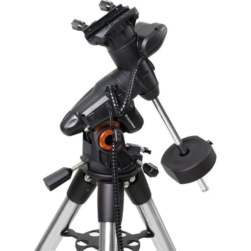 Celestron Advanced VX computerized telescope mount with tripod, featuring control panel and sturdy metal construction.