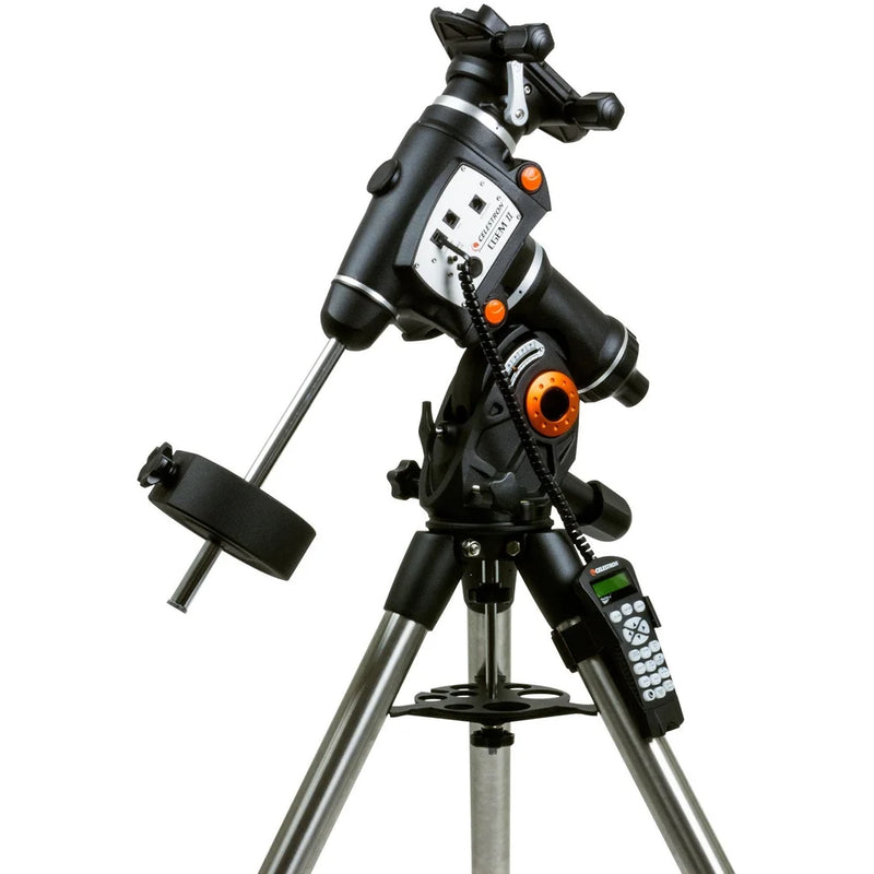 Celestron CGEM II computerized telescope mount with tripod, featuring control panel and sleek design for astrophotography.