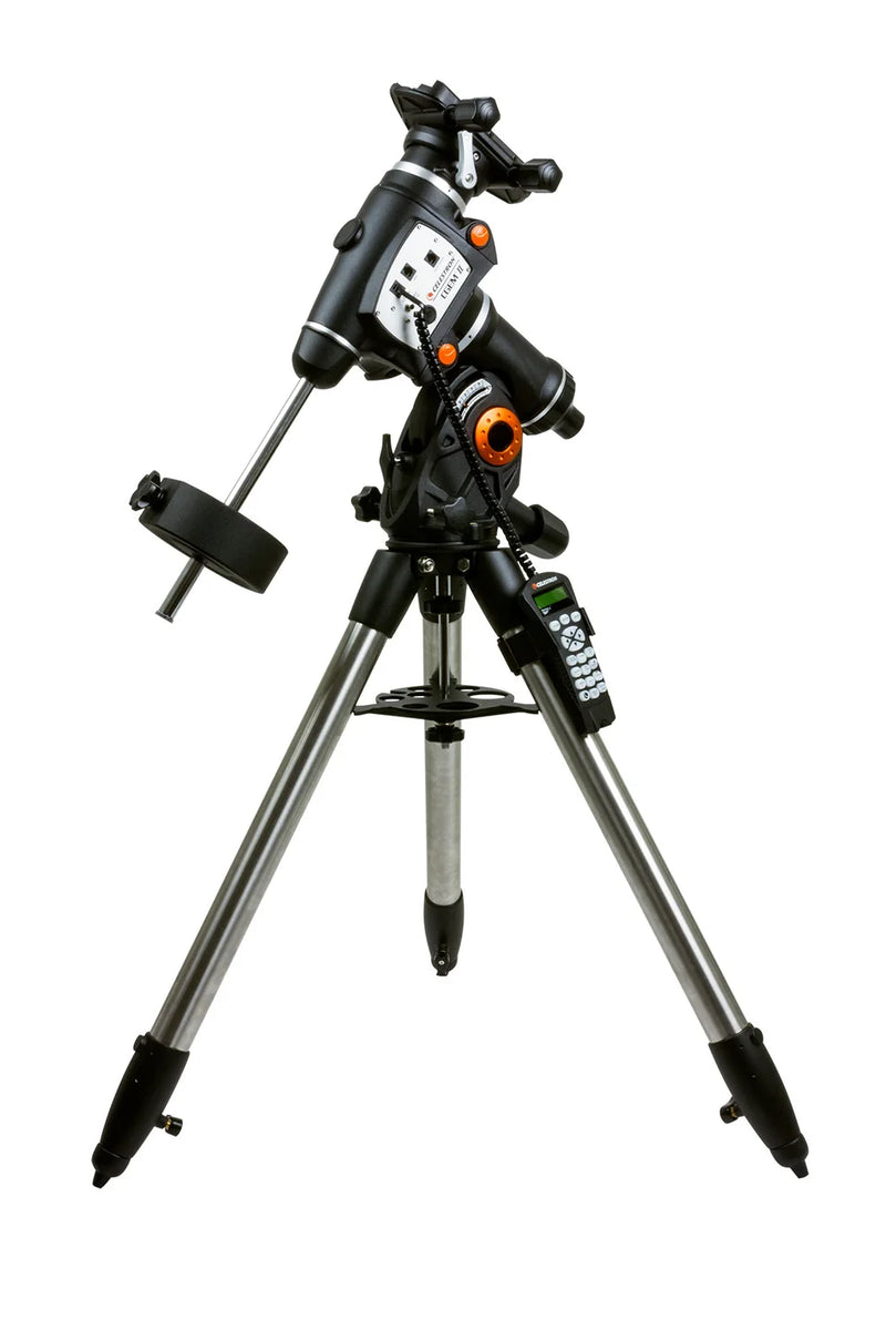 Celestron CGEM II computerized telescope mount with tripod, featuring control panel and sturdy tripod legs for astrophotography.