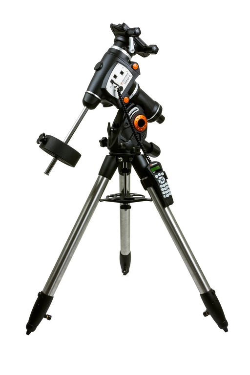 Celestron CGEM II computerized telescope mount with tripod, featuring control panel and sturdy tripod legs for astrophotography.