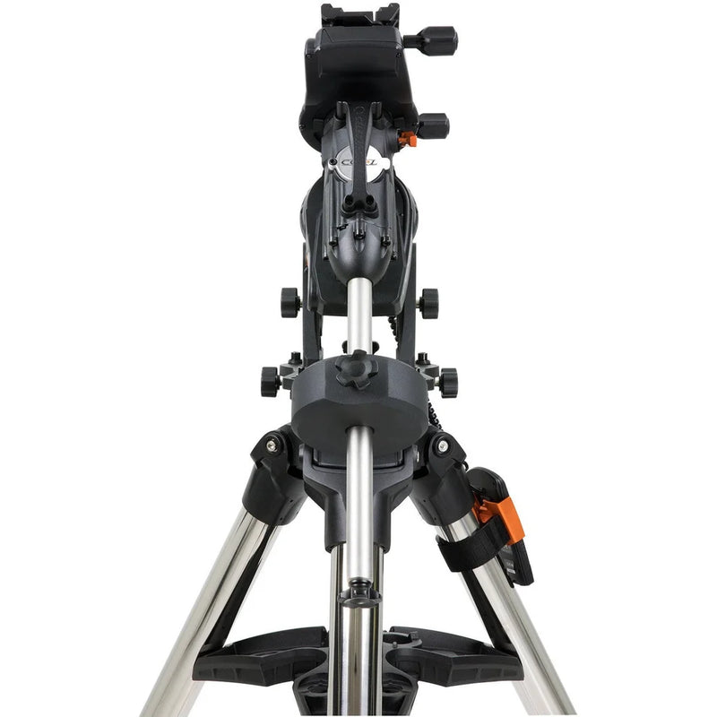 Celestron CGX-L computerized mount with tripod, showing the sturdy astrophotography mount setup with controls and mounting plate.