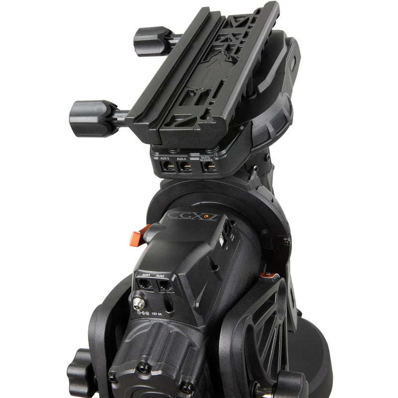 Celestron CGX-L computerized telescope mount with tripod, black mount with control panel and sturdy tripod legs for astrophotography.