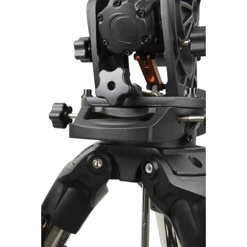 Celestron CGX-L computerized mount with tripod, showing the sturdy mount head and tripod legs for astrophotography and telescope setup.
