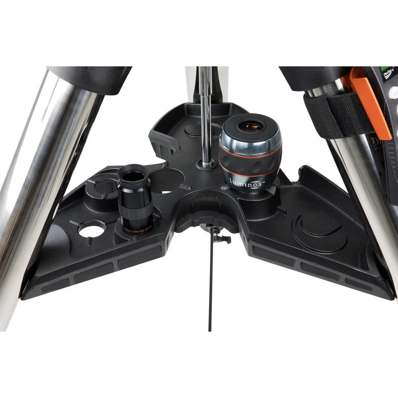 Celestron CGX-L computerized telescope mount with tripod, featuring sleek design and control panel for astrophotography.