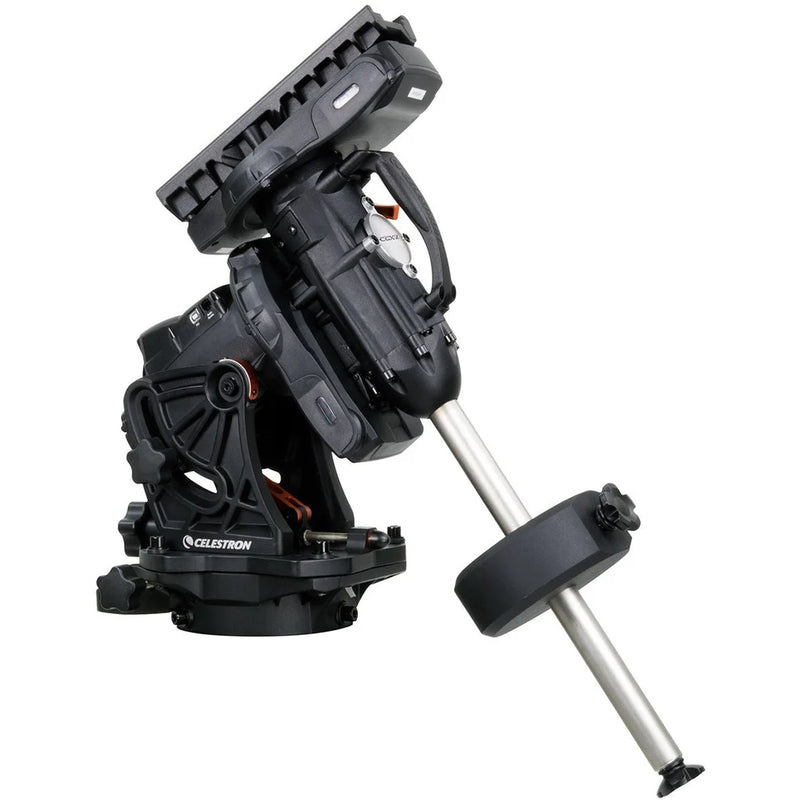 Celestron CGX-L computerized mount for telescopes, shown without tripod, with sleek design and control panel visible.