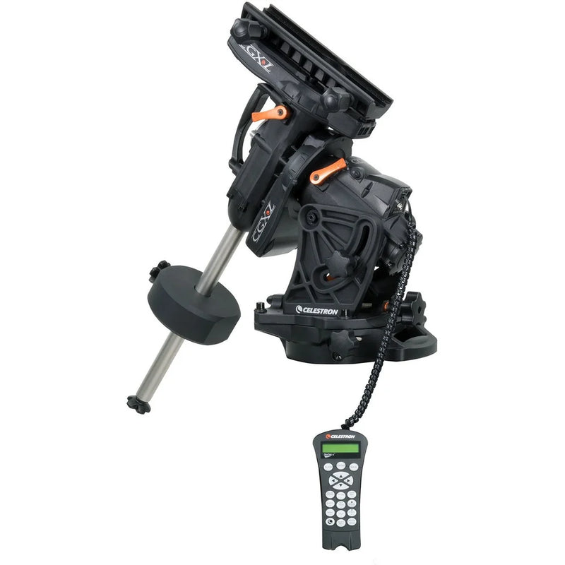Celestron CGX-L computerized mount for telescopes, shown without tripod, with control panel and sturdy metal construction.