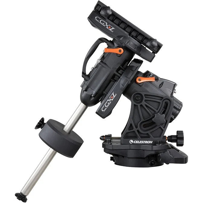 Celestron CGX-L computerized telescope mount without tripod, showcasing the sturdy mount with control motors and mounting plates.