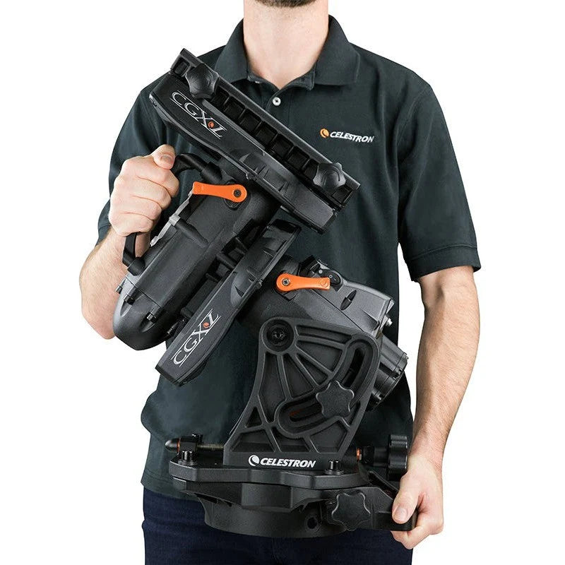 Celestron CGX-L computerized mount for telescopes without tripod, featuring sturdy metal construction and control panel.