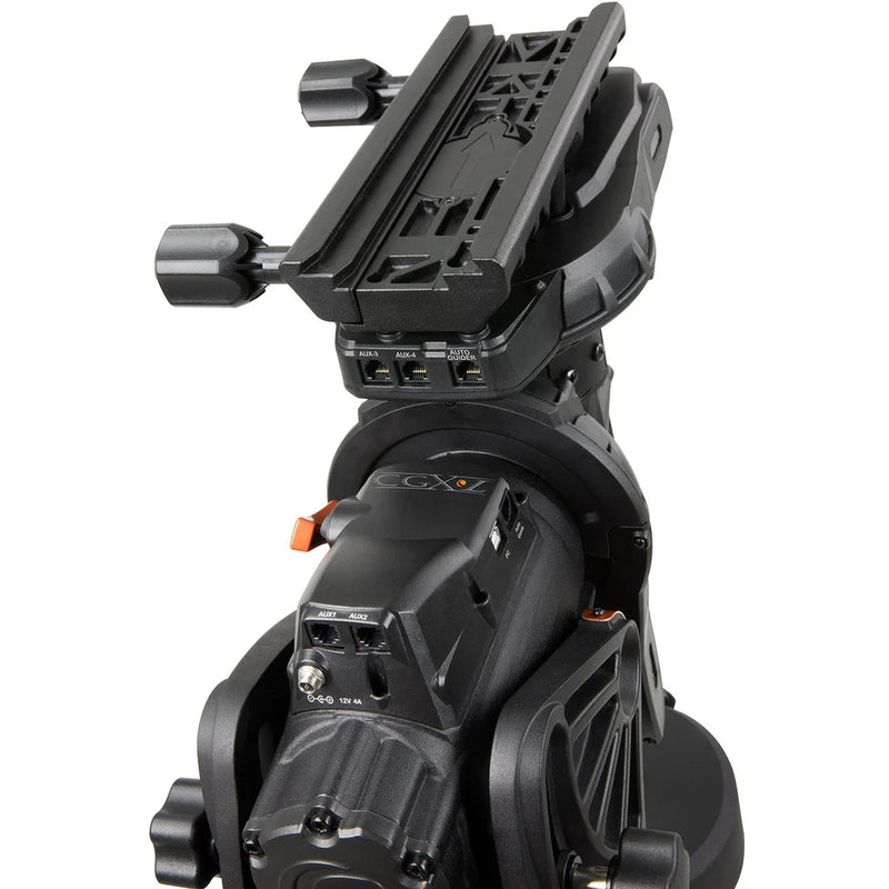 Celestron CGX-L computerized telescope mount without tripod, featuring sleek black design and precision control knobs.