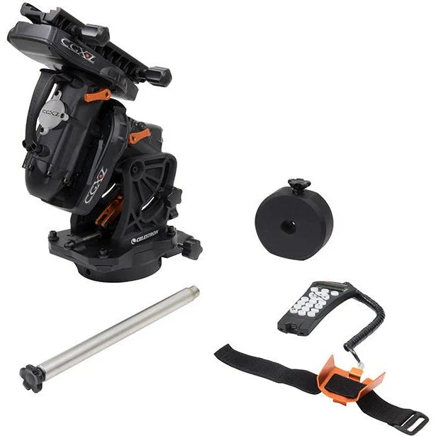 Celestron CGX-L computerized telescope mount without tripod, featuring sturdy metal construction and control panel for astrophotography.
