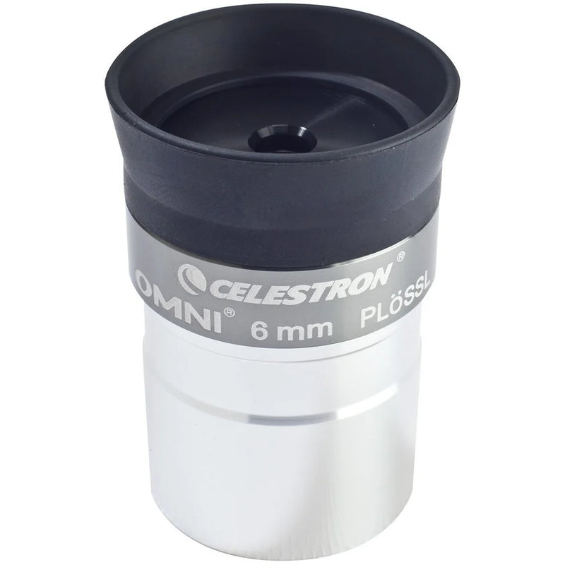 Celestron Omni 1.25-inch 6mm eyepiece for telescopes, featuring a black body and silver focusing ring for clear astronomical viewing.