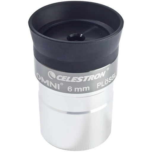 Celestron Omni 1.25-inch 6mm eyepiece for telescopes, featuring a black body and silver focusing ring for clear astronomical viewing.