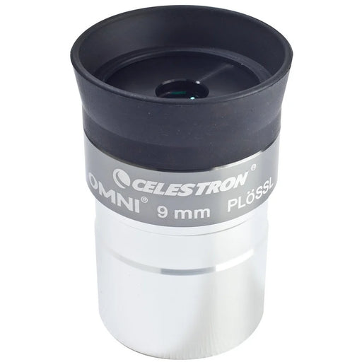 Celestron Omni 1.25-inch 9mm eyepiece with black barrel and silver accents for telescope viewing.