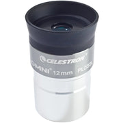 Celestron Omni 1.25-inch 12mm eyepiece for telescopes with a black body and silver accents, showing the eyepiece's lens and barrel.