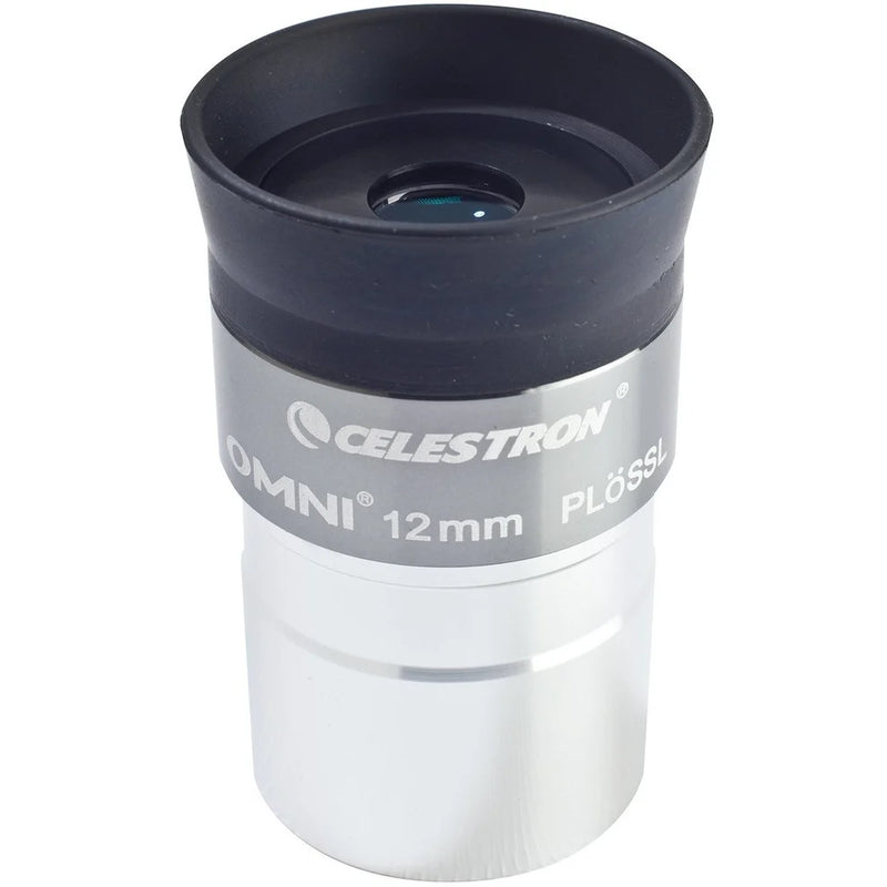Celestron Omni 1.25-inch 12mm eyepiece for telescopes with a black body and silver accents, showing the eyepiece's lens and barrel.
