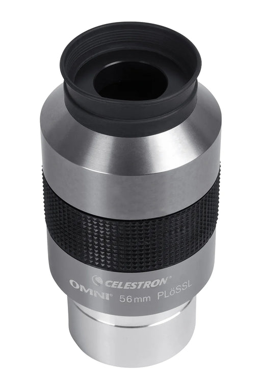 Celestron Omni 2-inch 56mm eyepiece for telescopes, showing the wide lens and black metal body with focus ring.