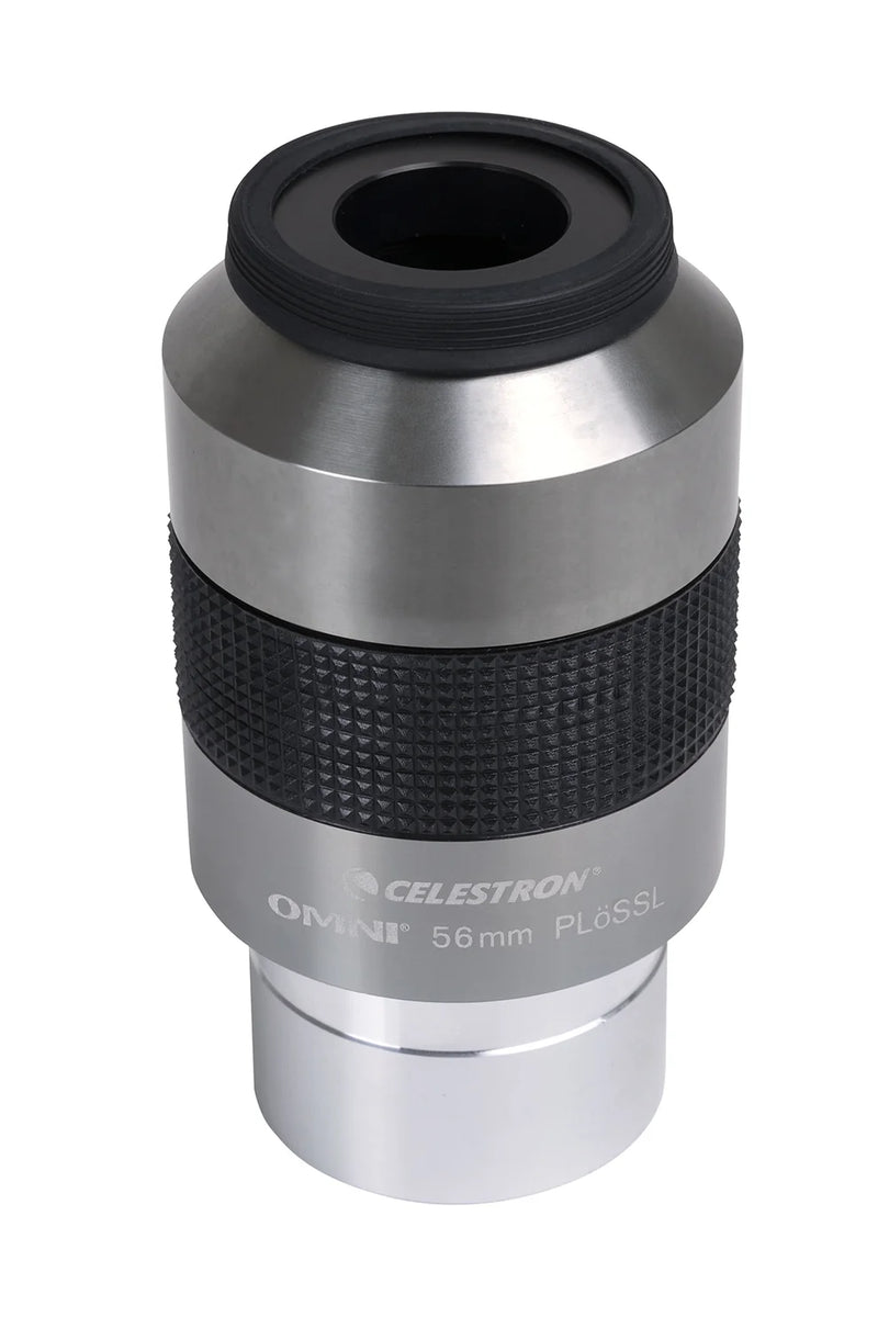 Celestron Omni 56mm 2-inch eyepiece showing the wide lens and branding, designed for telescopes and astronomical viewing.