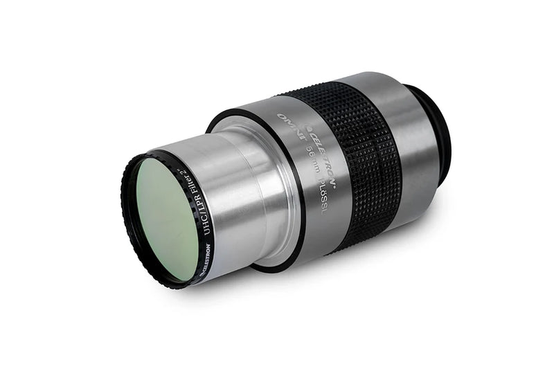 Celestron Omni 56mm 2-inch eyepiece with wide field of view for telescopes, showing the eyepiece with focus ring and barrel.