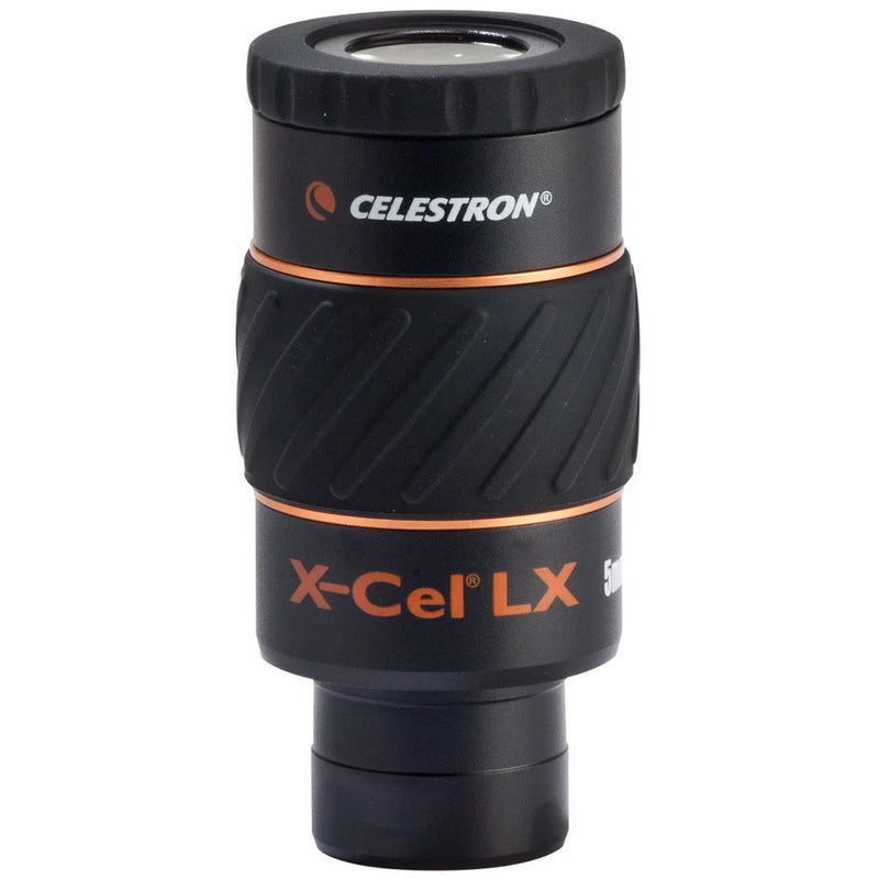 Celestron X-Cel LX 1.25-inch 5mm eyepiece for telescopes, showcasing the eyepiece with focus ring and brand logo.
