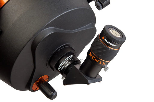 Celestron X-Cel LX 7mm 1.25-inch eyepiece for telescopes, showing the black eyepiece with focusing rings and brand logo.