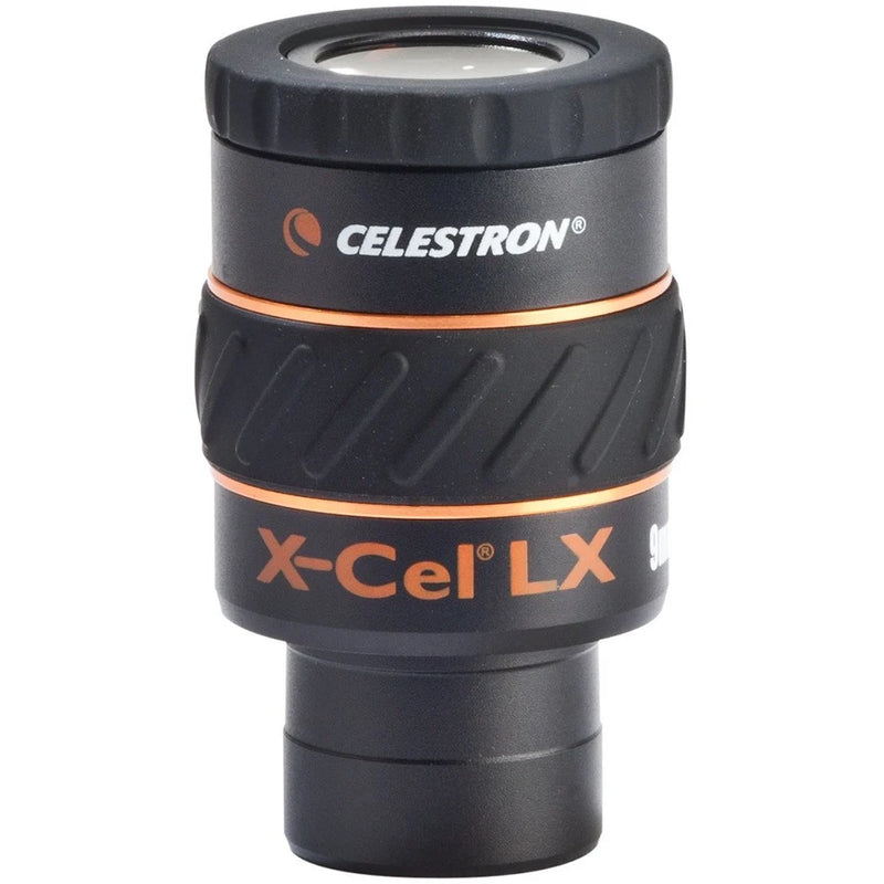 Celestron X-Cel LX 1.25-inch 9mm eyepiece for telescopes with a black body and silver focus ring, showing the lens and eyepiece design.