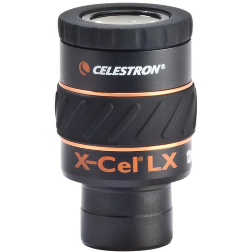 Celestron X-Cel LX 12mm 1.25-inch eyepiece for telescopes with a black body and silver accents, showcasing the lens and branding.