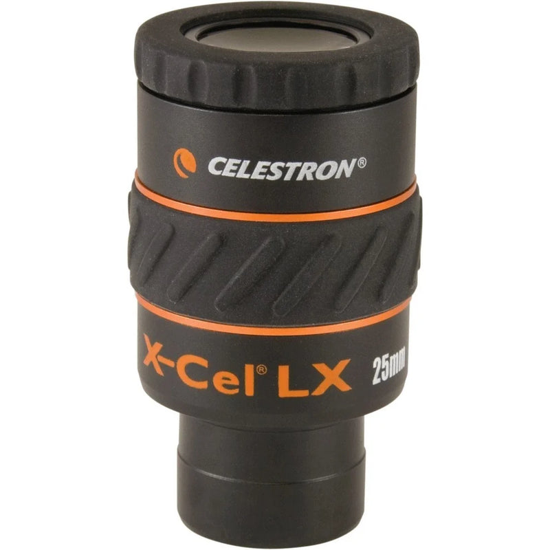 Celestron X-Cel LX 1.25-inch 25mm eyepiece showing the black eyepiece with focusing ring and brand logo.