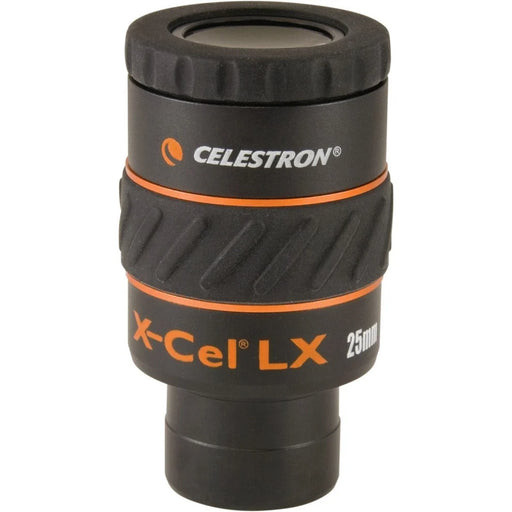 Celestron X-Cel LX 1.25-inch 25mm eyepiece showing the black eyepiece with focusing ring and brand logo.