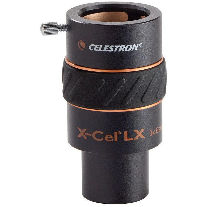 Celestron X-Cel LX 3x 1.25-inch Barlow lens for telescopes, showing the lens with metal barrel and focusing ring.