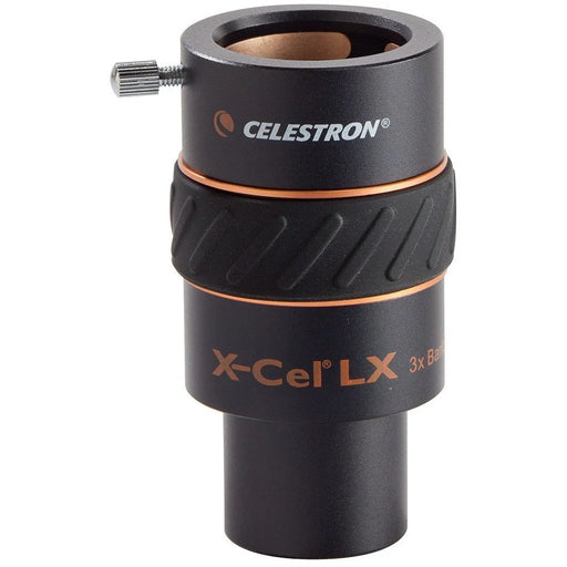 Celestron X-Cel LX 3x 1.25-inch Barlow lens for telescopes, showing the lens with metal barrel and focusing ring.