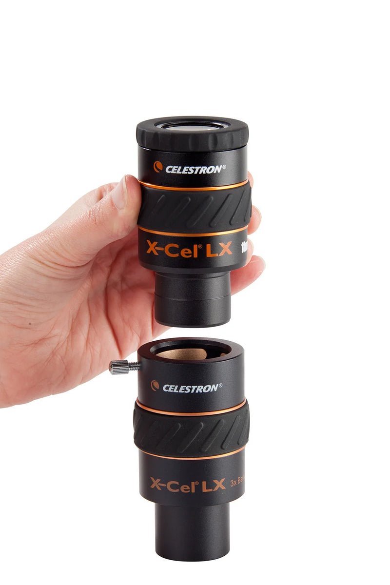 Celestron X-Cel LX 3x 1.25-inch Barlow lens for telescopes, showing the optical glass and metal barrel.
