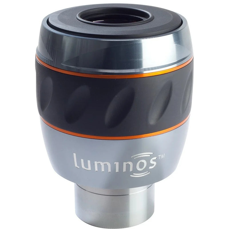 Celestron Luminos 2-inch 31mm eyepiece showing the wide lens and branding, designed for astronomical telescopes.
