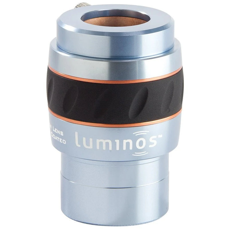 Celestron Luminos 2.5x 2-inch Barlow lens for telescopes, shown with black barrel and optical glass elements.