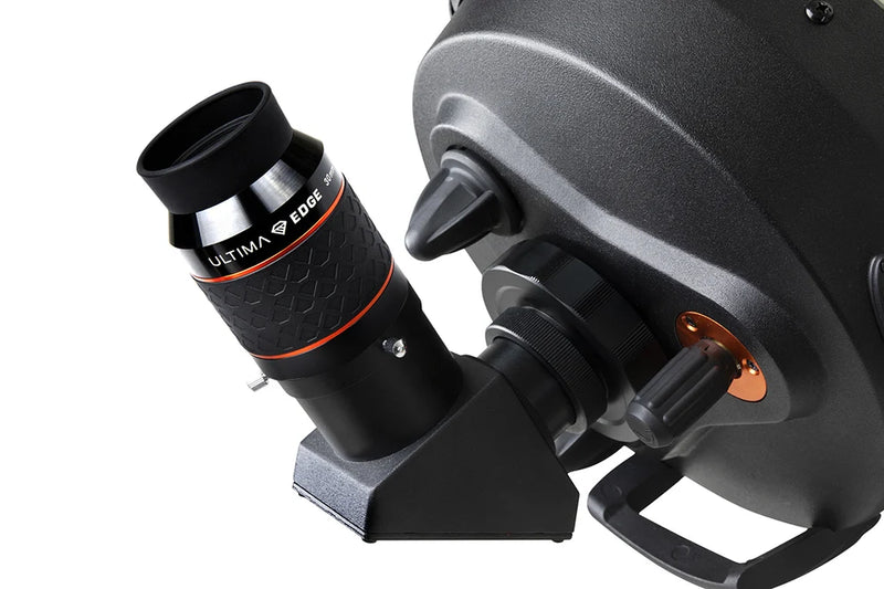 Celestron Ultima Edge 30mm 2-inch eyepiece showing the black and silver design and wide lens for astronomical telescopes.