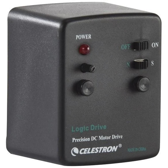 Celestron Motor Drive for AstroMaster and PowerSeeker telescopes mounted on a tripod, used for smooth motorized tracking.