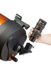 Celestron 2x X-Cel LX Barlow lens for telescopes, showing the 1.25-inch eyepiece with black metal body and focusing ring.