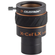 Celestron X-Cel LX 2x 1.25-inch Barlow lens for telescopes, showing the lens and barrel with branding and specifications.