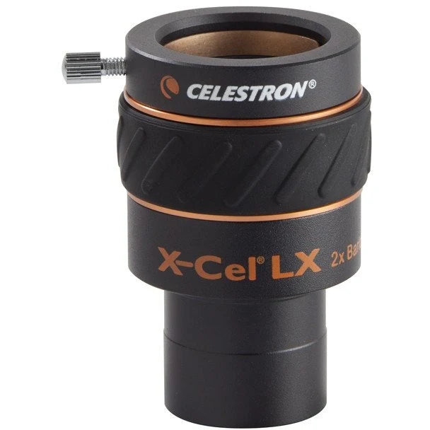 Celestron X-Cel LX 2x 1.25-inch Barlow lens for telescopes, showing the lens and barrel with branding and specifications.