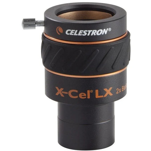 Celestron X-Cel LX 2x 1.25-inch Barlow lens for telescopes, showing the lens and barrel with branding and specifications.