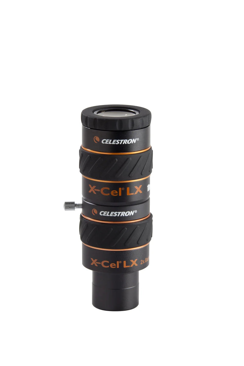 Celestron X-Cel LX 2x 1.25-inch Barlow lens for telescopes, showing the lens and barrel with branding on the eyepiece.