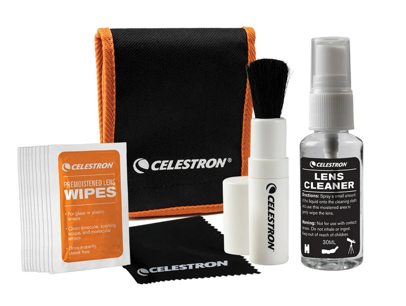 Celestron Deluxe Lens Cleaning Kit with cleaning tools and solutions for telescope and camera lenses.